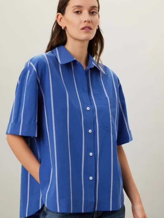 MADEWELL Blue Striped Boxy Cotton Button Up Collared Neckline Shirt Size Xl - Picture 3 of 16
